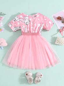 Niñas Vestido con estampado de conejo bajo con malla - Rosa - Ver 2