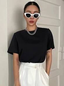 DAZY Chất rắn Xoay lại Vòng cổ Áo thun - màu đen - Xem 1