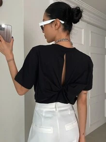 DAZY Chất rắn Xoay lại Vòng cổ Áo thun - màu đen - Xem 2