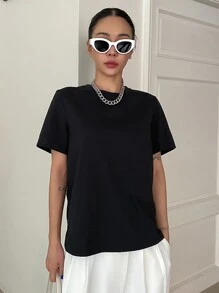 DAZY Chất rắn Xoay lại Vòng cổ Áo thun - màu đen - Xem 3