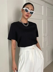 DAZY Chất rắn Xoay lại Vòng cổ Áo thun - màu đen - Xem 4