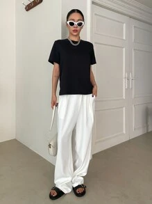 DAZY Chất rắn Xoay lại Vòng cổ Áo thun - màu đen - Xem 5