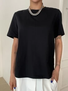 DAZY Chất rắn Xoay lại Vòng cổ Áo thun - màu đen - Xem 6