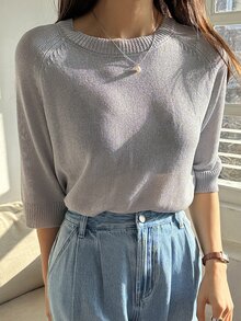 DAZY Top de punto unicolor de cuello redondo de manga raglán - Gris - Ver 3