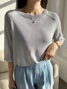 DAZY Top de punto unicolor de cuello redondo de manga raglán - Gris - Ver 5