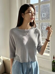 DAZY Top de punto unicolor de cuello redondo de manga raglán - Gris - Ver 7