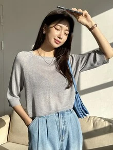 DAZY Top de punto unicolor de cuello redondo de manga raglán - Gris - Ver 8