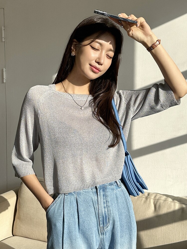 DAZY Top de punto unicolor de cuello redondo de manga raglán - Gris - Añade 8