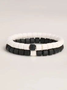 2pcs Men Two Tone Beaded Bracelet, For Jewelry Gift And Party - Black and White - View 1