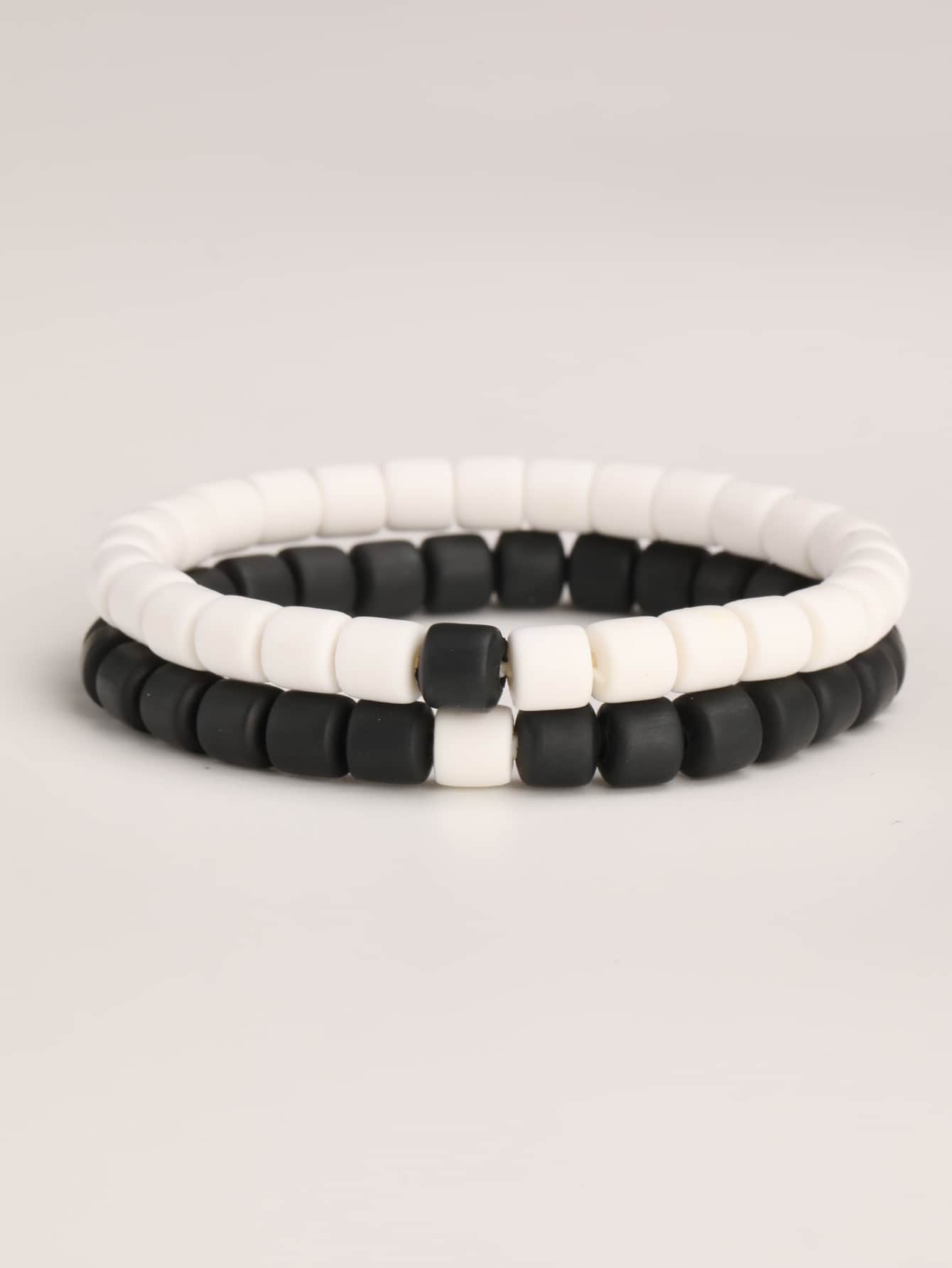 2pcs Men Two Tone Beaded Bracelet, For Jewelry Gift And Party - Black and White - View 1
