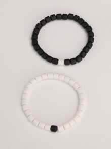 2pcs Men Two Tone Beaded Bracelet, For Jewelry Gift And Party - Black and White - View 2