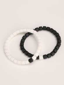2pcs Men Two Tone Beaded Bracelet, For Jewelry Gift And Party - Black and White - View 3