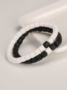 2pcs Men Two Tone Beaded Bracelet, For Jewelry Gift And Party - Black and White - View 4
