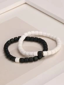 2pcs Men Two Tone Beaded Bracelet, For Jewelry Gift And Party - Black and White - View 5