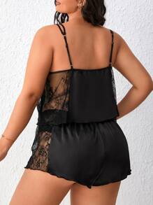 Plus Contrast Lace Satin Cami Top & Shorts PJ Set - Black - View 2
