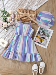Niñitas de rayas de colores bajo con fruncido Vestido de tirantes & Sombrero - Multicolor - Ver 1