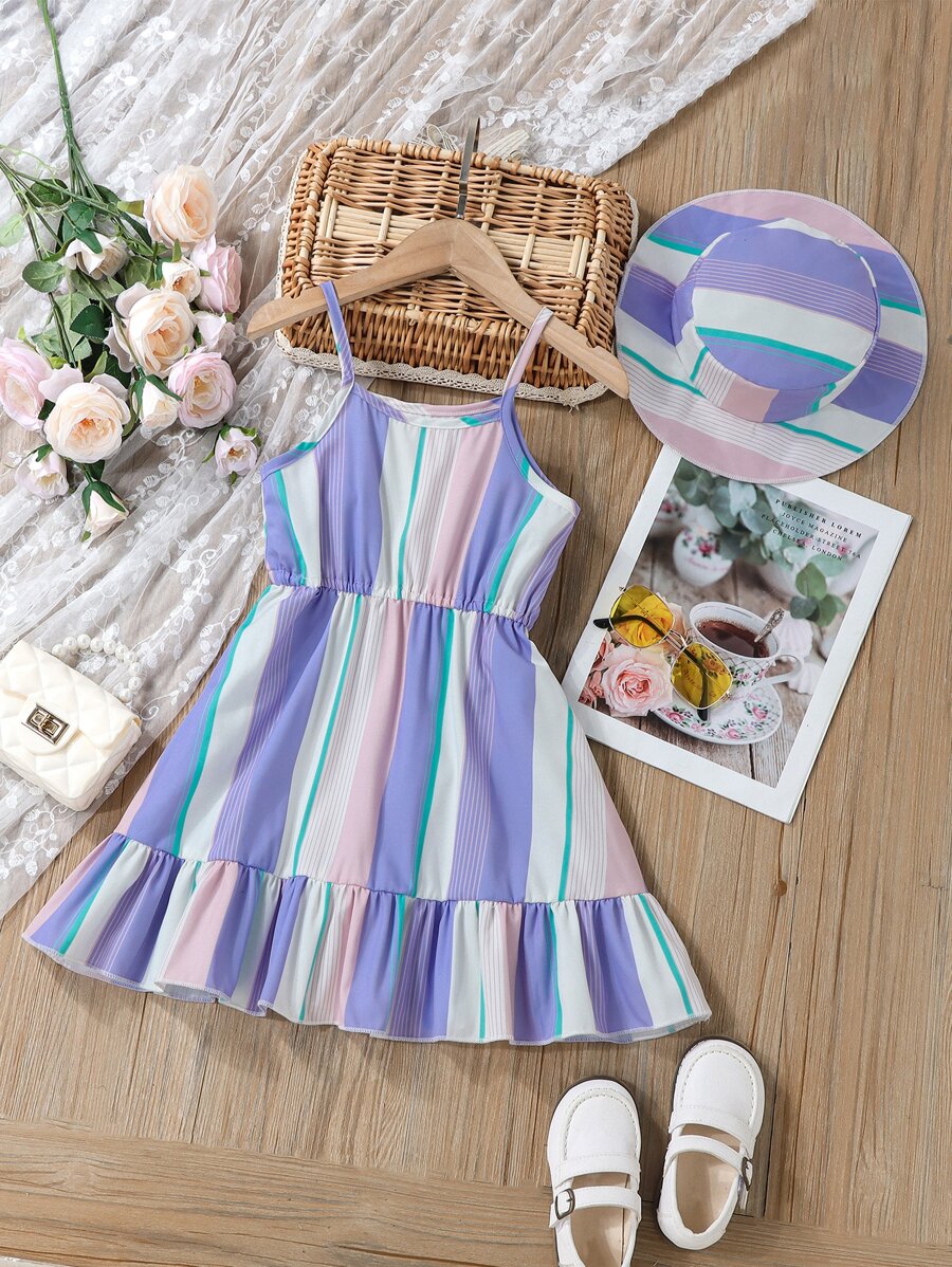 Niñitas de rayas de colores bajo con fruncido Vestido de tirantes & Sombrero - Multicolor - Ver 1