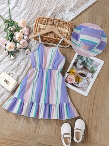 Niñitas de rayas de colores bajo con fruncido Vestido de tirantes & Sombrero - Multicolor - Ver 2