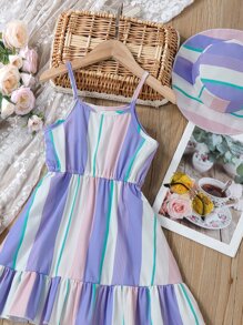 Niñitas de rayas de colores bajo con fruncido Vestido de tirantes & Sombrero - Multicolor - Ver 3