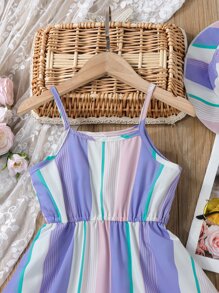 Niñitas de rayas de colores bajo con fruncido Vestido de tirantes & Sombrero - Multicolor - Ver 5