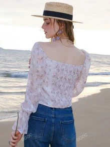 Floral Print Flounce Sleeve Zip Up Crop Blouse
