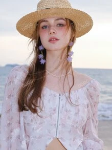 Floral Print Flounce Sleeve Zip Up Crop Blouse