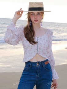 Floral Print Flounce Sleeve Zip Up Crop Blouse