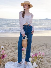 Floral Print Flounce Sleeve Zip Up Crop Blouse - Multicolor - View 5