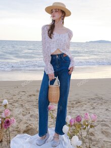 Floral Print Flounce Sleeve Zip Up Crop Blouse