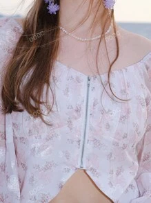 Floral Print Flounce Sleeve Zip Up Crop Blouse