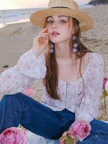 Floral Print Flounce Sleeve Zip Up Crop Blouse