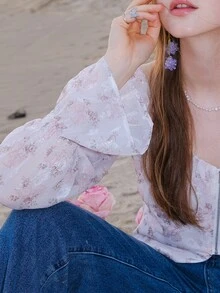 Floral Print Flounce Sleeve Zip Up Crop Blouse - Multicolor - View 9