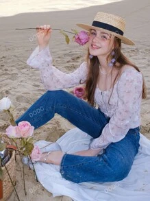 Floral Print Flounce Sleeve Zip Up Crop Blouse