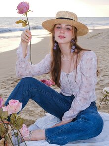 Floral Print Flounce Sleeve Zip Up Crop Blouse - Multicolor - View 11