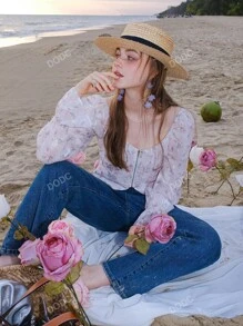 Floral Print Flounce Sleeve Zip Up Crop Blouse