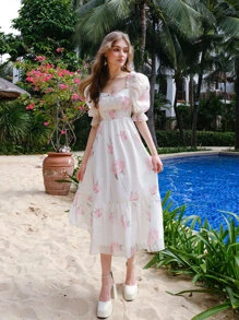 Floral Print Sweetheart Neck Puff Sleeve Dress - White - View 1