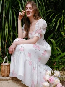 Floral Print Sweetheart Neck Puff Sleeve Dress - White - View 4