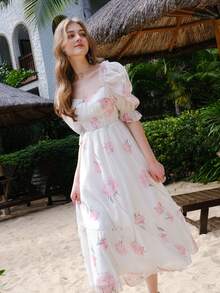 Floral Print Sweetheart Neck Puff Sleeve Dress - White - View 5