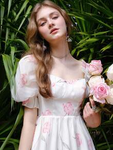 Floral Print Sweetheart Neck Puff Sleeve Dress - White - View 6