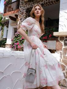 Floral Print Sweetheart Neck Puff Sleeve Dress - White - View 8