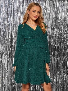 SHEIN 孕婦交疊領燈籠袖腰帶亮片洋裝