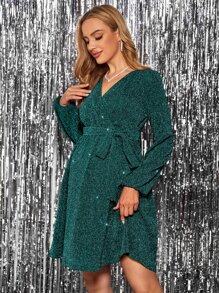 SHEIN 孕婦交疊領燈籠袖腰帶亮片洋裝