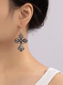 Pendientes colgantes con cruz - Plata antigua - Ver 1