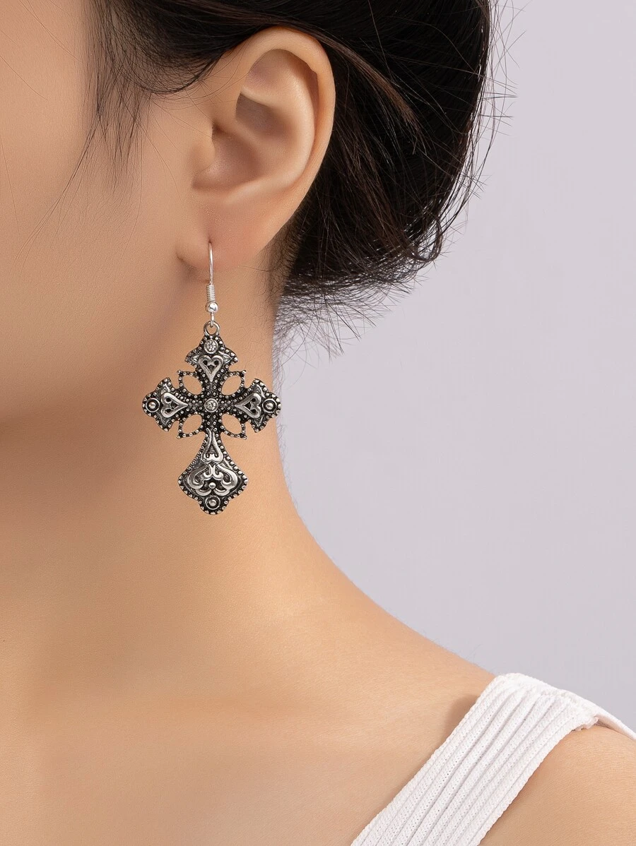 Pendientes colgantes con cruz - Plata antigua - Ver 1