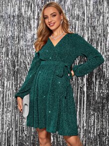 SHEIN 孕婦交疊領燈籠袖腰帶亮片洋裝