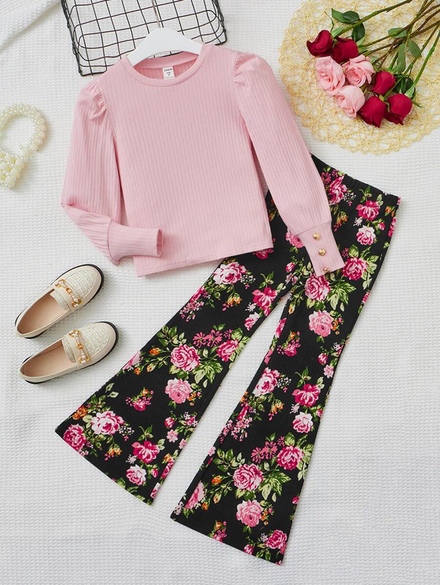SHEIN Girls Puff Sleeve Tee & Floral Print Flare Leg Trousers - Baby Pink - View 1