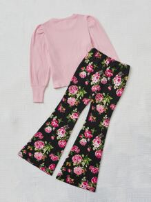 SHEIN Girls Puff Sleeve Tee & Floral Print Flare Leg Trousers - Baby Pink - View 2