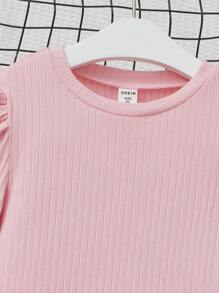 SHEIN Girls Puff Sleeve Tee & Floral Print Flare Leg Trousers - Baby Pink - View 3