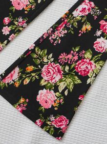 SHEIN Girls Puff Sleeve Tee & Floral Print Flare Leg Trousers - Baby Pink - View 4