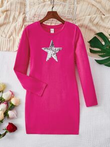 SHEIN Girls Star Pattern Sequin Dress - Hot Pink - View 1
